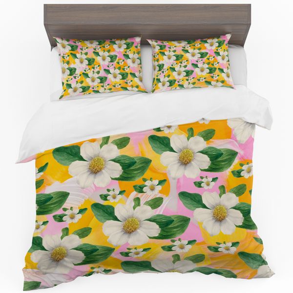 White Floral on Orange Duvet Cover Set