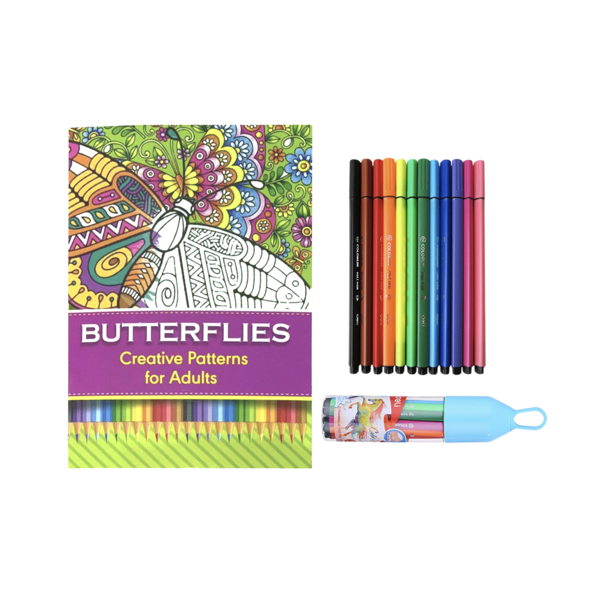 Adult Colouring Book with 12 Colour Felt Tip Pens Butterflies Shop