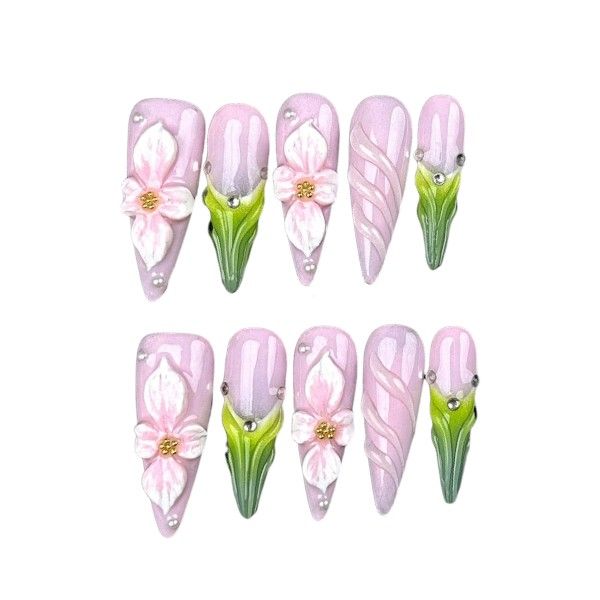 10 Piece Press-On Nails Set With 3D Flower Inspired Design - Pink &amp; Green