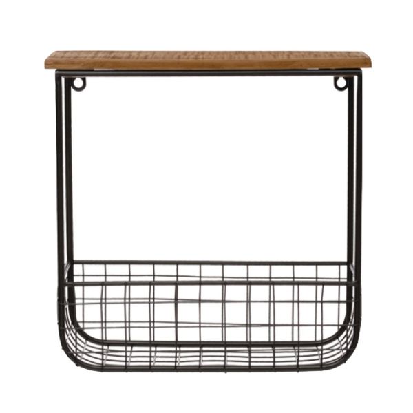 Decor Wall Mounted Metal Storage Basket with Wooden Shelve - 30.5cm