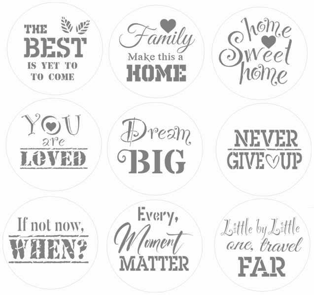 Collection of 9 Inspirational Quotes Coaster Stencils (9 cm)