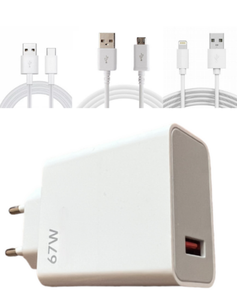 67 W Fast Charger with Charging Cables Lightning Type C &amp; Micro