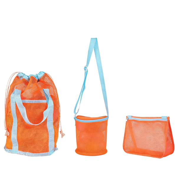 3 Piece Beach Bag Set Mesh Toy Organizer Shell Collecting Totes with Zipper