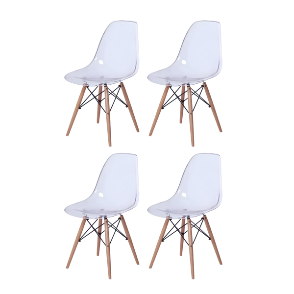 Set Of 4 Modern Transparent Acrylic Dining Chair with Natural Wood Legs