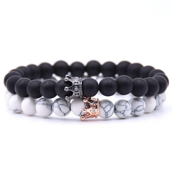 Argent Craft White Howlite Stone &amp; Agate Stone Couples Bracelet with Crowns