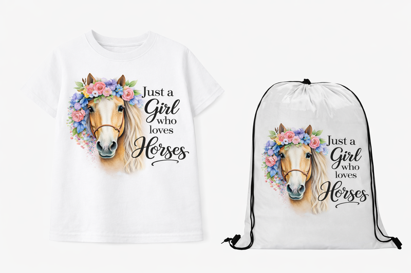 Kids - Just A Girl who Loves Horses Kids White T-shirt &amp; Drawstring Bag