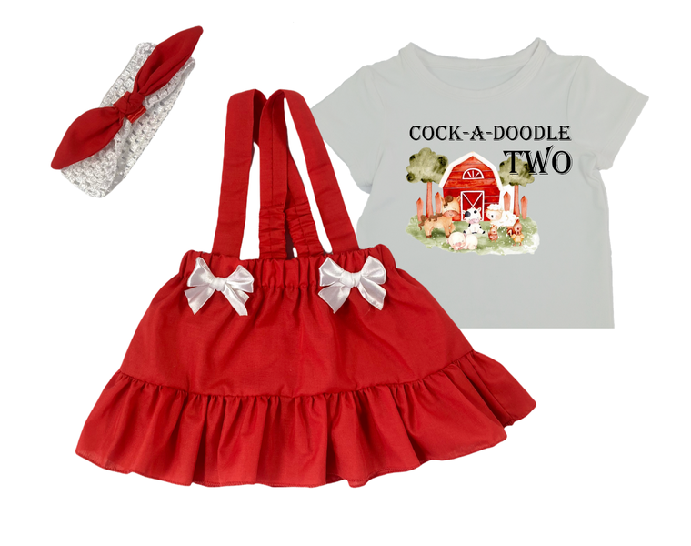 Second Birthday-Red Suspender dress, headband &amp;Shirt-Farmer girl