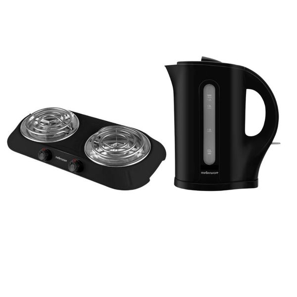 Mellerware - Double Spiral Hotplate &amp; "Tugela" 1.7L Cordless Kettle - Black