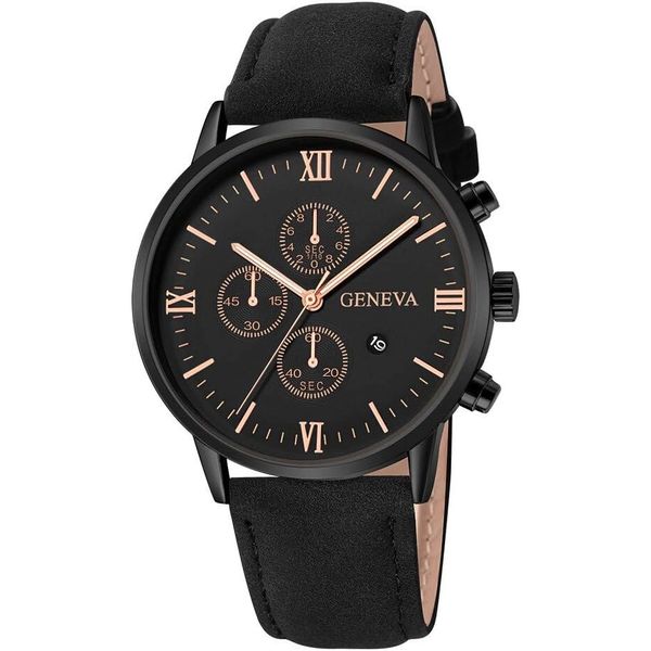 Geneva Black Dial Watch with Date and Leather Strap - 42mm