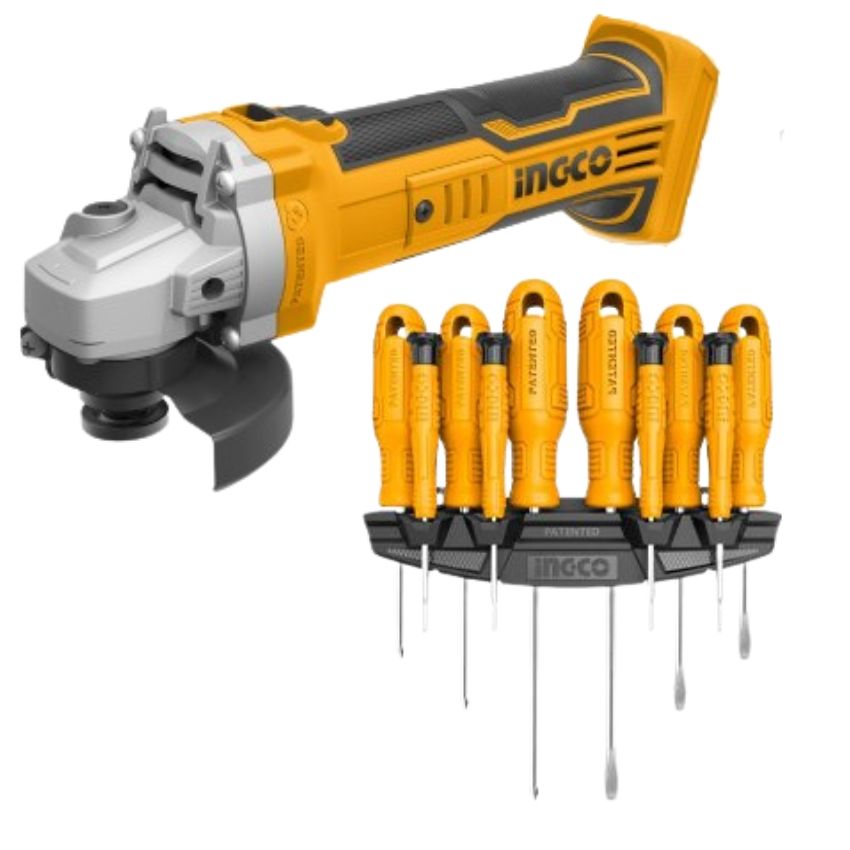Ingco - Angle Grinder - (Cordless)-20V with Screwdriver Set 10 Piece