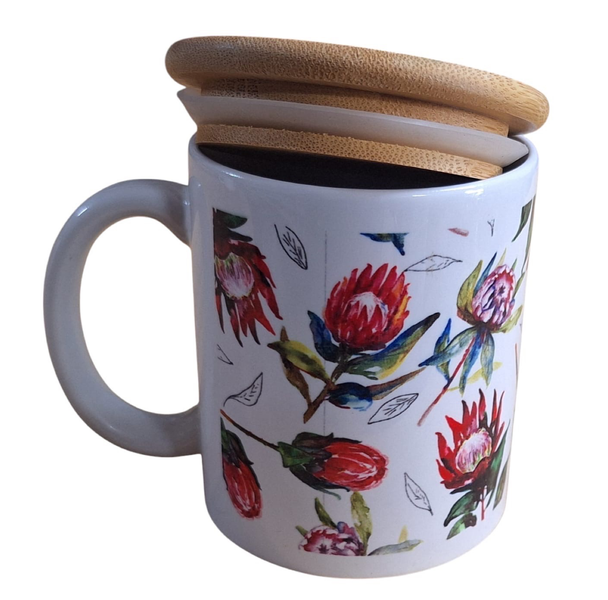 Coffee/Tea Cup with Wooden Lid - Red Proteas Floating in the Wind