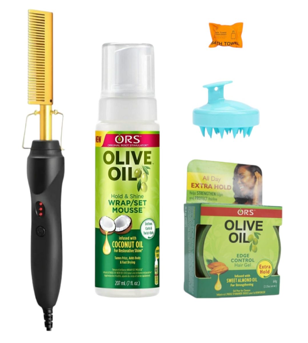 Hair Straightener, Olive Oil Mousse, Edge Oil, Shampoo Brush & Travel Towel