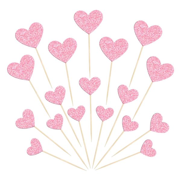 Pink Glitter Heart Cake Topper Picks - 30 Piece Party Decoration Set