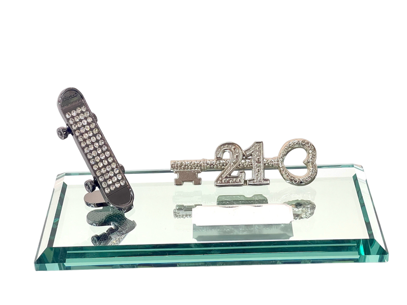 21st Key with Diamante Skateboard on Glass Mirror base