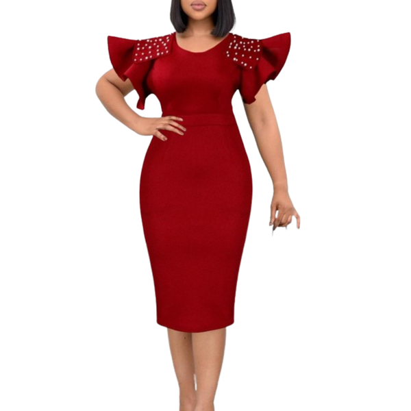 Lindavio's New Women's Casual Dress Stretch Ruffle Sleeve Pearl Midi Dress