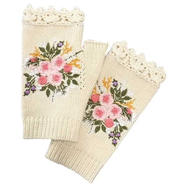 Floral Lace Fingerless Winter Gloves - Embroidered Knit Warmers for Women