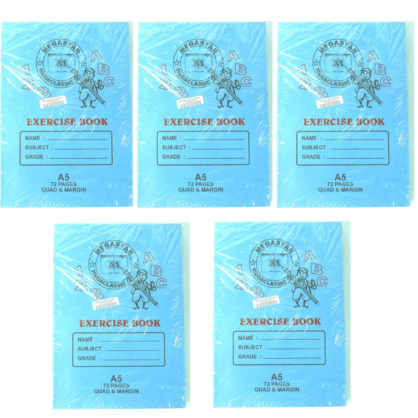Megastar A5 Exercise Book 72page Quad and Margin ( Pack of 5 )