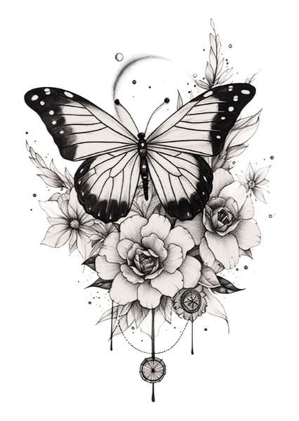 Butterfly Rose Semi-Permanent Tattoo - Black
