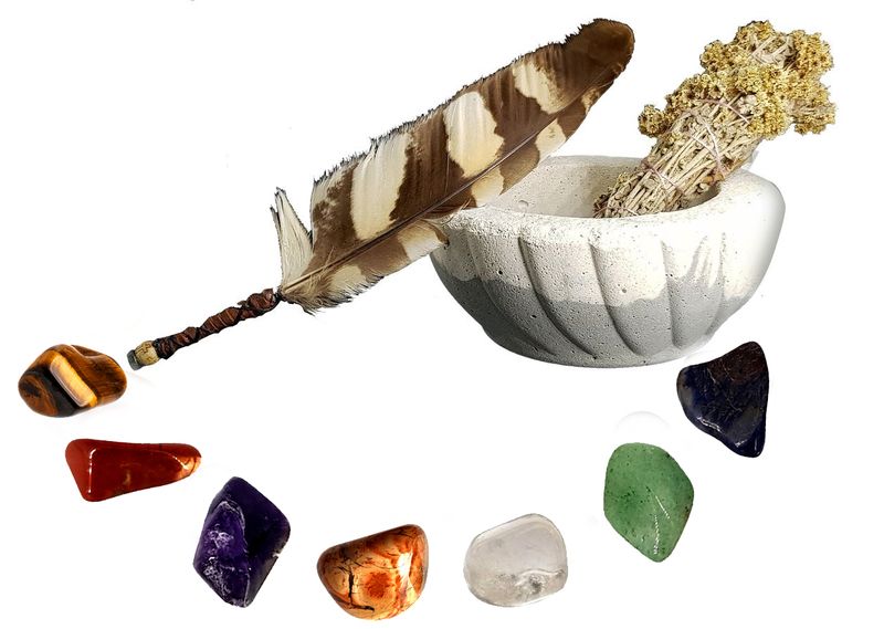 Smudge Bowl&amp;Smudge Wand -Owl Smoke Feather Fan&amp;7 Chakra stones- Grey