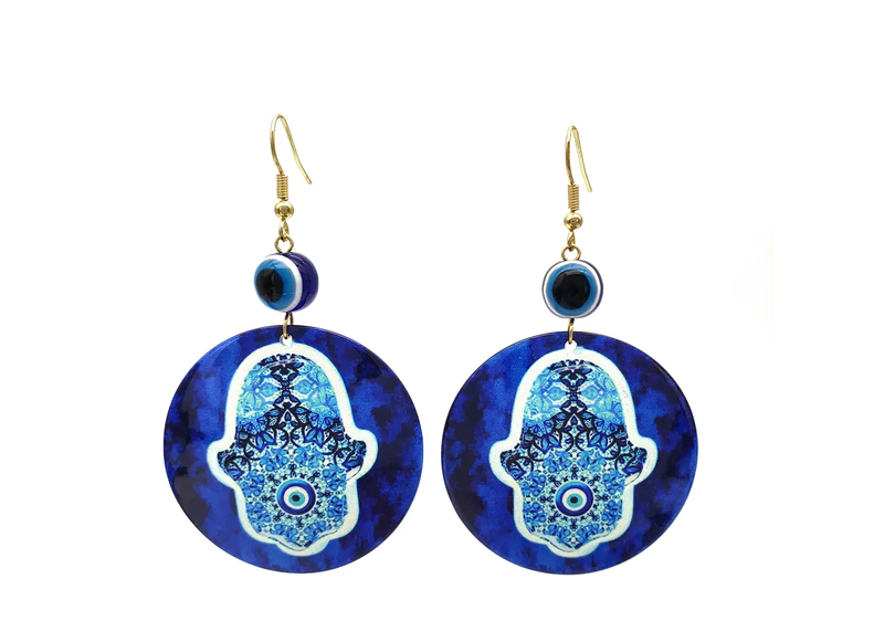 Turkish Evil Eye Acrylic Drop Earrings - Dark Blue Hamsa