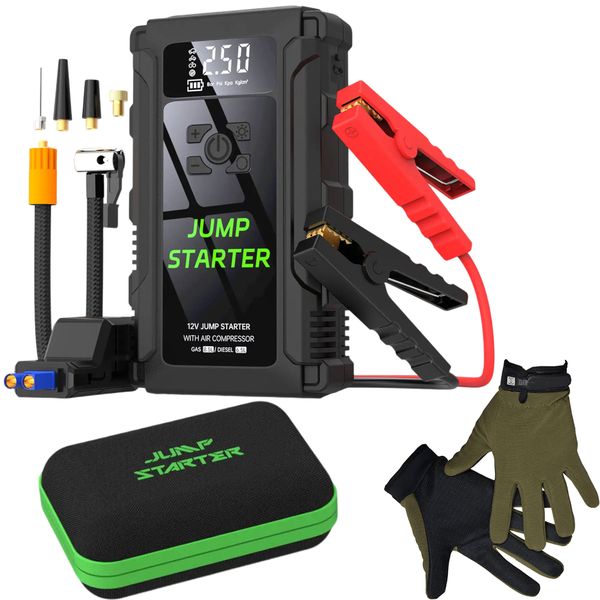 Emergency 4 In 1 Car Booster, Tire Inflator, Power Bank, Flashlight &amp; Glove