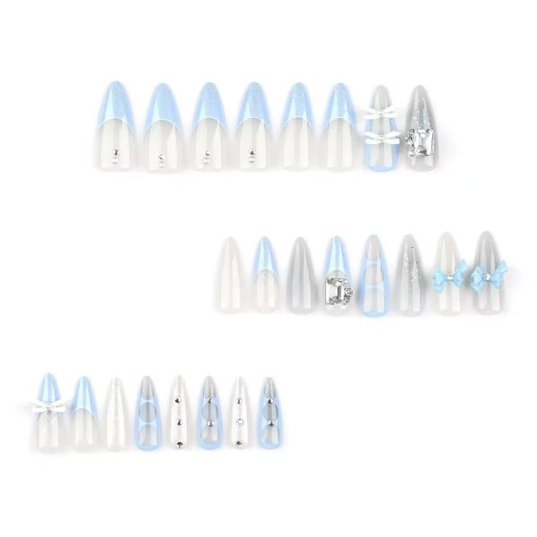 Bling Long Press on Nails Light Blue Full Cover Almond Bow False Nails