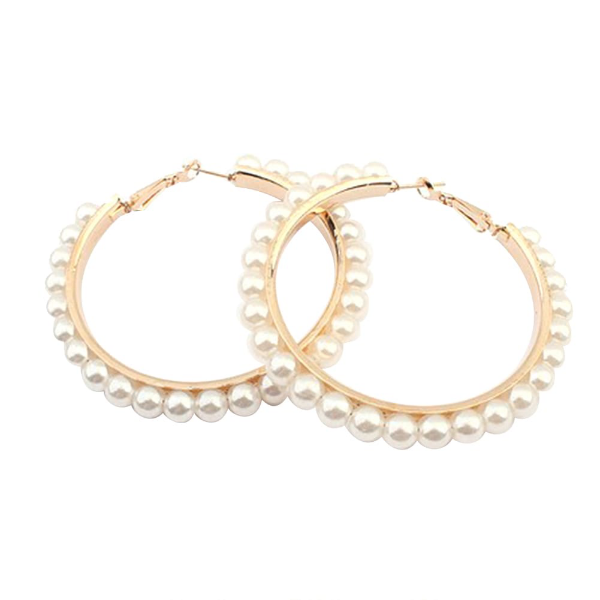 Faux Pearl Inlaid Large Circle Hoop Earrings - 1 Pair
