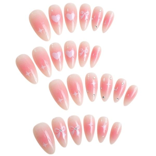 24 Heart &amp; Bow Accent Almond Press-On Nail With Rhinestones - Pink