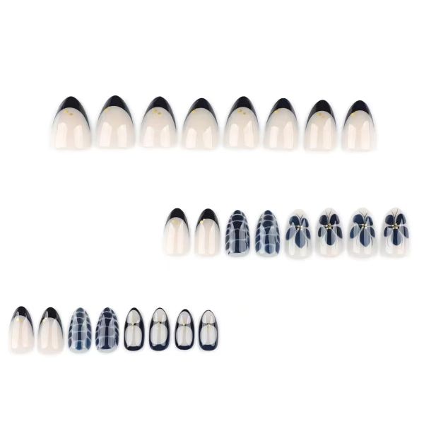 Black Press on Nails Short Almond Fake Nails Flower False Nail with Design