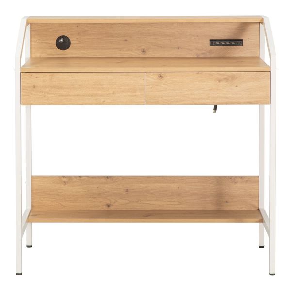 Computer, Study &amp; Writing 2 Drawer Desk with Shelves - Cream Country Oak