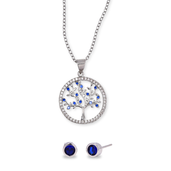 iDesire Cubic Zirconia Tree of Life Necklace &amp; Sapphire CZ Stud Earring Set