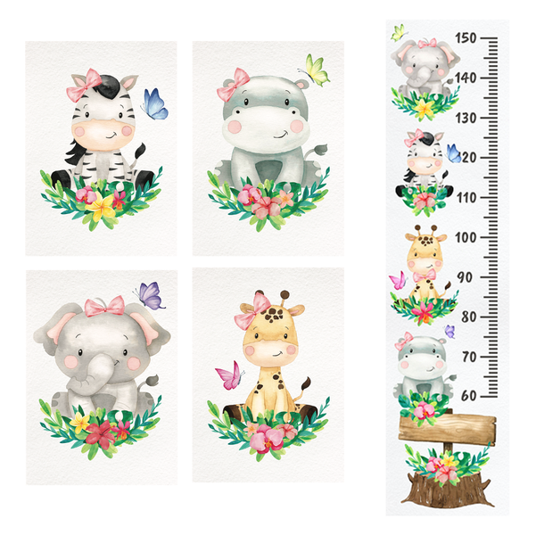 Nursery Wall Art - 4 x A4 Canvases + Height Chart - Sweet Safari Theme