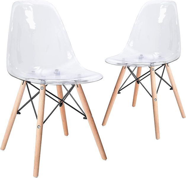 Acrylic Plastic Molded Dining Side Chair with Wood Legs - Set of 2