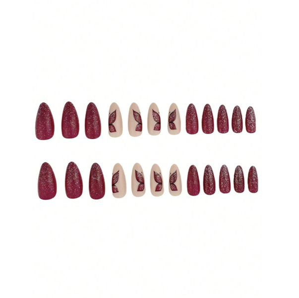 24 Sparkling Almond Shaped Press On Nails With Butterfly Design - Burgundy