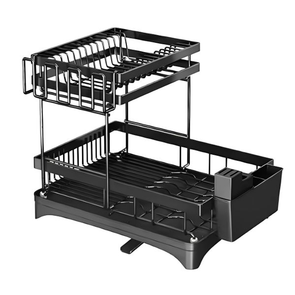 2 Tier Dish Drying Rack Drainboard Stainless Steel Organizer Cups Holder