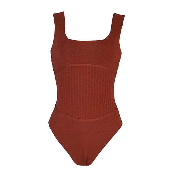 Ribbed Knit Bodysuit-Brown Square Neck Sleeveless