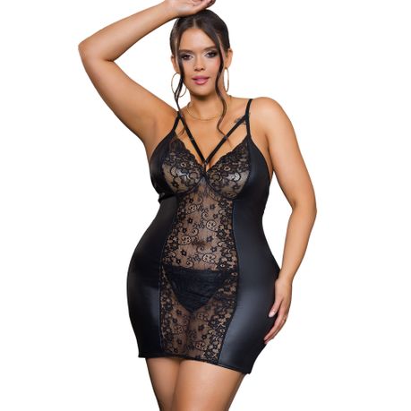Women Sexy Plus Size Faux Leather Lace Babydoll Lingerie Dress Set