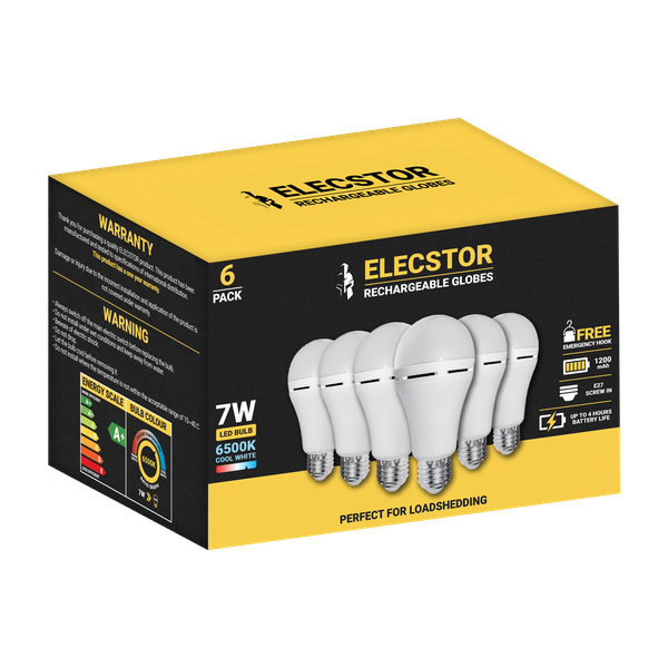 Elecstor 7W E27 Rechargeable &amp; Dimmable Globe 1200mah - A60 Cool White 6 Pk