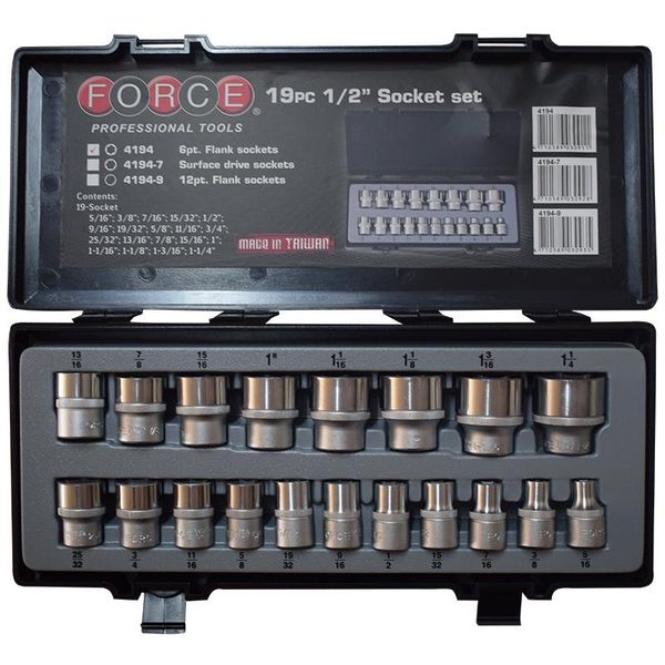 Force 1/2'' 19 Piece Bihex Chrome Socket Set