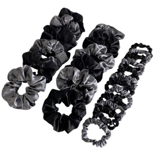 24 Piece Glossy Dark Tone Scrunchie Hair Ties - Black/Grey