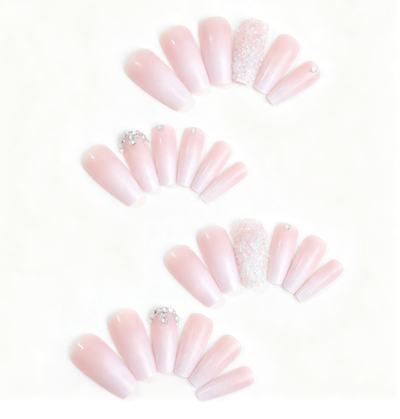 Salon Quality Reusable Press-On Nails - Coffin Shape- Pink Sparkle Glam