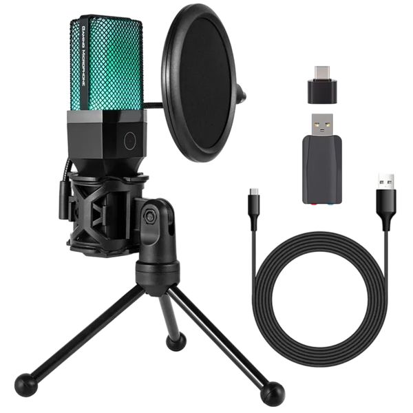 Noice Cancelling RGB Gaming Microphone With Tripod, Mesh &amp; C Type Adapter