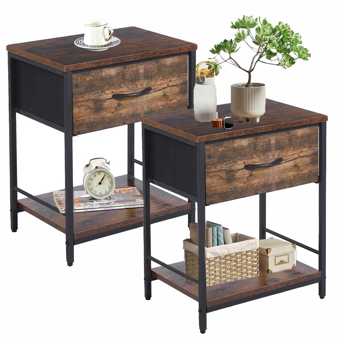 Side Table 2 Set NightStand End Table Bedside Table with Fabric Drawer