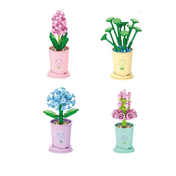 4 Pieces Color Boxed Potted Bouquet Building Blocks Educational Assembly Toys