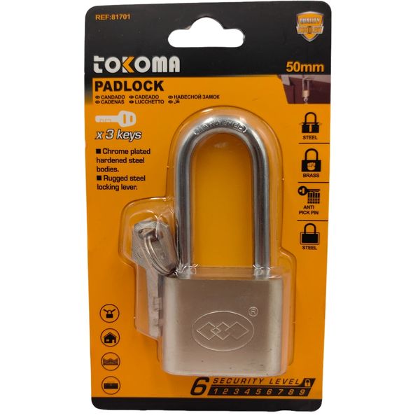 Tokoma 50mm Padlock with 3 Keys, Chrome Plated Hardened Steel