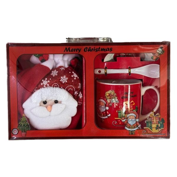 Red Santa Christmas Mug Set Ceramic Cup with Spoon, Saucer &amp; Santa Doll