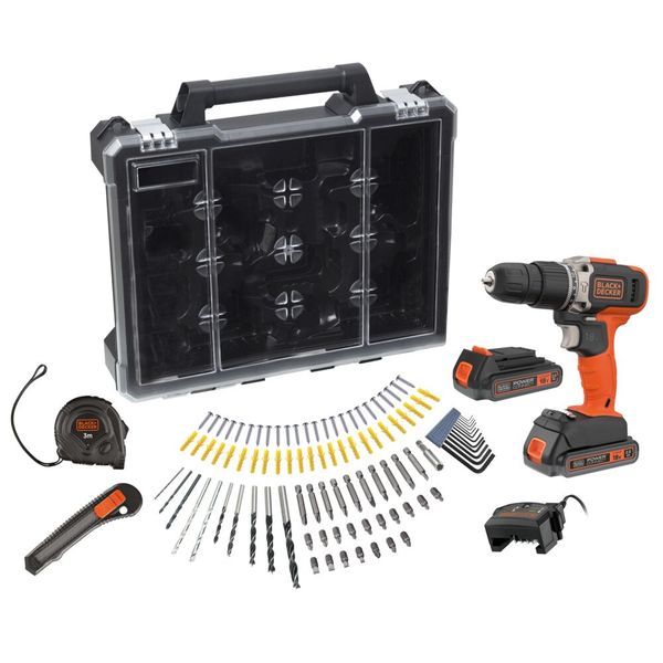 Black+Decker 18v Cordless Hammer Drill + Box + 105acc + 2 X 1.5ah Batt