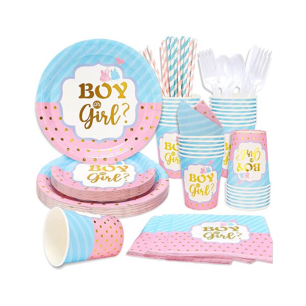 25 Guests Gender Reveal Disposable Plates Cups Cutlery Napkins Set