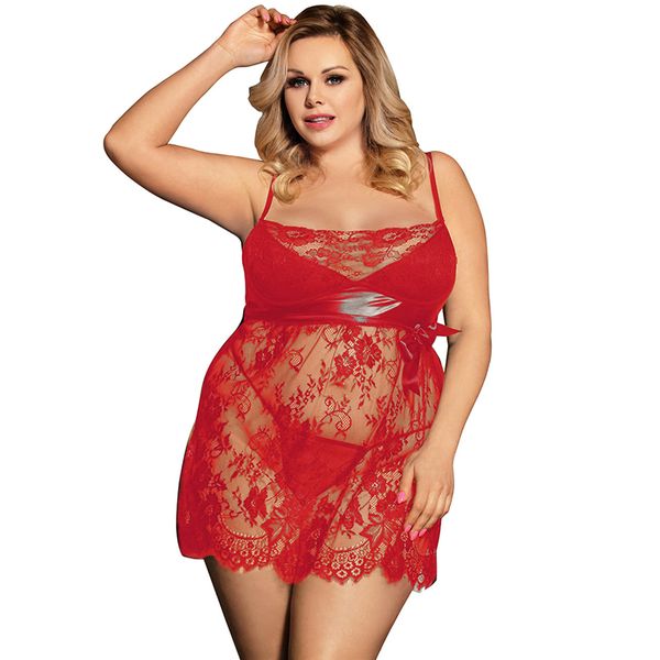 Plus size Red Lace Babydoll Chemise for Women Nightgown Sleepwear Lingerie