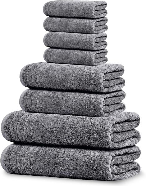 Towels Set,Cotton Bath Towels, 8 Pack,2 Bath 2 Hand 4 Washcloths,Dark Grey